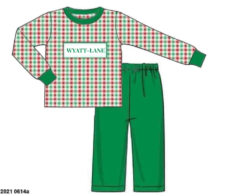 RTS: Christmas Name Smocks- Festive Plaid Boys Knit Pant Set “WYATT-LANE”