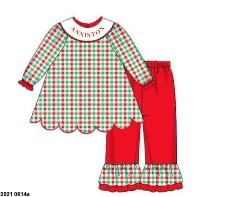 RTS: Christmas Name Smocks- Festive Plaid Girls Knit Pant Set “ANNISTON”