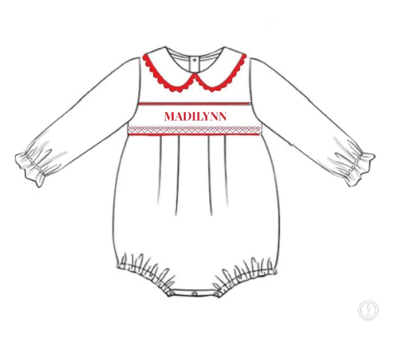 RTS: Christmas Name Smocks- Red & White Girls Knit Bubble “MADILYNN”