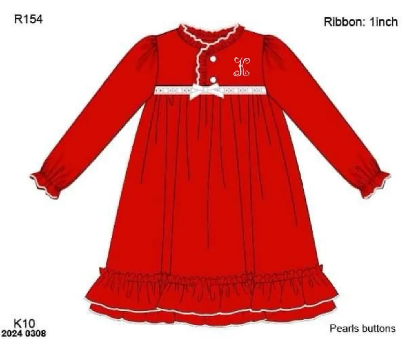 RTS: Jolly Pjs- Girls Red Ribbon Gown “K”